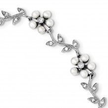 Quality Gold Sterling Silver Rhodium FW Cultured Pearl and CZ Floral Bracelet - QG1805-7