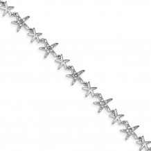 Quality Gold Sterling Silver Rhodium 7.25in Alternating Polished & CZ Starfish Bracelet - QX777CZ