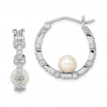 Quality Gold Sterling Silver Rhod-plat 5-6mm White Round FWC Pearl CZ Hoop Earrings - QE15356