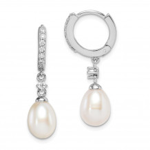 Quality Gold Sterling Silver Rhod-plat 7-8mm Rice FWC Pearl CZ Hoop Dangle Earrings - QE15358