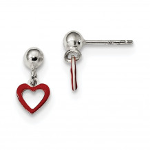 Quality Gold Sterling Silver Polished Red Enamel Heart Dangle Ball Post Earrings - QE13433