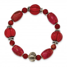 Quality Gold Sterling Silver Antiqued Beads & Red Coral Stretch Bracelet - QH4563