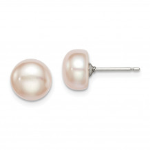 Quality Gold Sterling Silver 8-9mm Purple FW Cultured Button Pearl Stud Earrings - QE12693