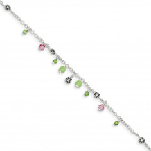 Quality Gold Sterling Silver Pink Crystal Green Quartz & Peridot Bead Ankle Bracelet - QG1401-9