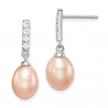 Quality Gold Sterling Silver Rhod-plat 8-9mm Pink FWC Pearl CZ Post Dangle Earrings - QE15360