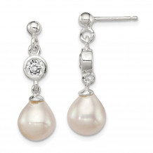 Quality Gold Sterling Silver Polished Freshwater Cultured Pearl &CZ Post Dangle Earrings - QE9323