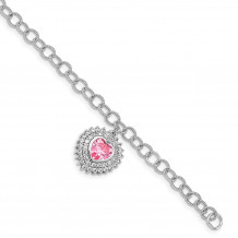 Quality Gold Sterling Silver Rhodium-plated Pink CZ Heart Dangle Bracelet - QG4891-8