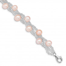 Quality Gold Sterling Silver Rhd-plt 7-9mm Pink FWC Pearl Plastic Bead Bracelet - QG5086-7.5