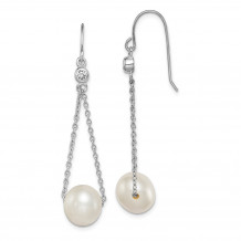 Quality Gold Sterling Silver Rhod-plat 9-10mm White FWC Pearl CZ Dangle Earrings - QE15293
