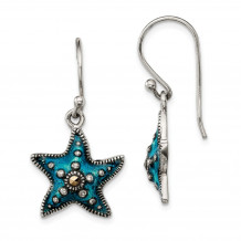 Quality Gold Sterling Silver Antiqued Blue Epoxy & Marcasite Star Dangle Earrings - QE13458