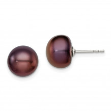 Quality Gold Sterling Silver 9-10mm Black FW Cultured Button Pearl Stud Earrings - QE12669