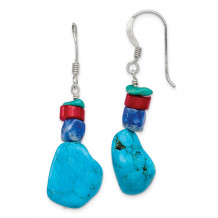 Quality Gold Sterling Silver Red Coral Howlite Lapis & Turquoise Dangle Earrings - QE6386