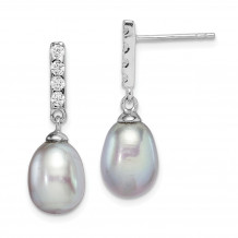 Quality Gold Sterling Silver Rhod-plat 8-9mm Grey FWC Pearl CZ Post Dangle Earrings - QE15359