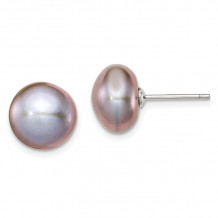 Quality Gold Sterling Silver 10-11mm Grey FW Cultured Button Pearl Stud Earrings - QE7669