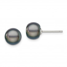 Quality Gold Sterling Silver 8-9mm Black FW Cultured Button Pearl Stud Earrings - QE7699