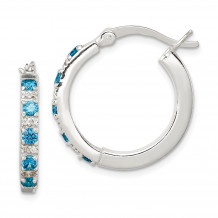 Quality Gold Sterling Silver Polished Blue and White CZ Hinged Hoop Earrings - QE12274