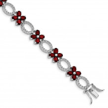 Quality Gold Sterling Silver Rhodium-plated Garnet Flower & White Topaz Bracelet - QG4929-7.75