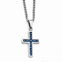Chisel Stainless Steel Blue Carbon Fiber Inlay Polished Small Cross Necklace - SRN1301-20
