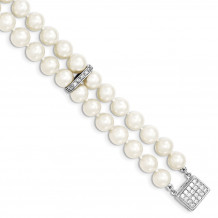 Quality Gold Sterling Silver Rhodium 7-8mm White FWC Pearl 2-Strand CZ Fancy Bracelet - QH5209-7