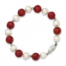 Quality Gold Sterling Silver FW Cultured Pearl & Stabilized Red Coral Bracelet - QH4561-7.5
