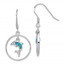 Quality Gold Sterling Silver Rhodium Circle  Created Blue Opal Dolphin Dangle Earrings - QE12600