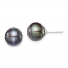 Quality Gold Sterling Silver 9-10mm Black FW Cultured Round Pearl Stud Earrings - QE12705