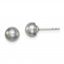 Quality Gold Sterling Silver 5-6mm Grey FW Cultured Button Pearl Stud Earrings - QE12676