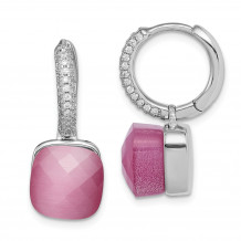 Quality Gold Sterling Silver Rhod-plated CZ Lab Cr Pink Cat's Eye Hinged Hoop Earrings - QE15403