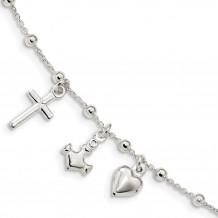 Quality Gold Sterling Silver Polished   Cross Heart Anchor Bracelet - QG4568-6