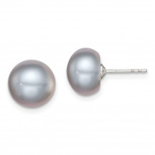 Quality Gold Sterling Silver 9-10mm Grey FW Cultured Button Pearl Stud Earrings - QE12679