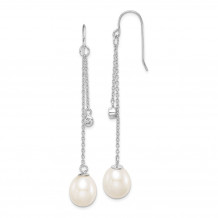 Quality Gold Sterling Silver Rhod-plat 9-10mm White Rice FWC Pearl CZ Dangle Earrings - QE15396