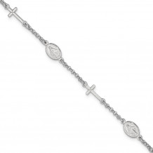Quality Gold Sterling Silver Rhodium Plated Cross & Miraculous Medal Bracelet - QG4256-7.5