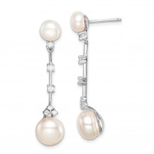 Quality Gold Sterling Silver Rhodium-plated CZ & FWC Button Pearl Dangle Post Earring - QE15402