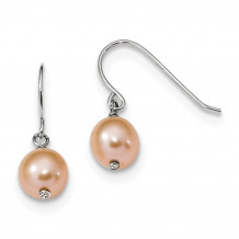 Quality Gold Sterling Silver RH 7-8mm Pink Round FWC Dangle Earrings - QE13909