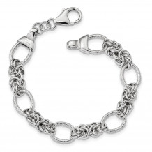 Quality Gold Sterling Silver Polished & Textured Rhodium-plated Fancy Link Bracelet - QG3893-7.5