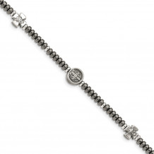 Quality Gold Sterling Silver Antiqued Black Bead with Crosses Bracelet - QG4873-8