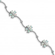 Quality Gold Sterling Silver Rhodium-plated 7inch Created Opal & CZ Flower Bracelet - QX525CP