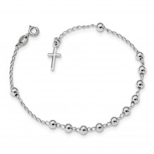 Quality Gold Sterling Silver Rhodium Plated Polished Beaded Cross Bracelet - QG4569-7