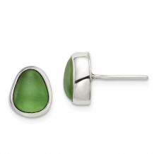 Quality Gold Sterling Silver Green Sea Glass Stud Earrings - QE14422