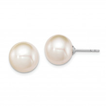 Quality Gold Sterling Silver 10-11mm White FW Cultured Round Pearl Stud Earrings - QE12737