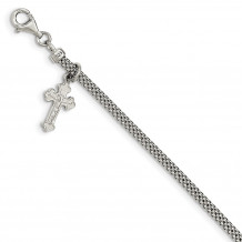 Quality Gold Sterling Silver Polished Mesh   Cross Charm With 1in Ext Bracelet - QG3921-7