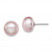 Quality Gold Sterling Silver 9-10mm Purple FW Cultured Button Pearl Stud Earring - QE12694