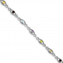 Quality Gold Sterling Silver 7in Rhod Plated Multicolored Gemstone Link Bracelet - QX802RB