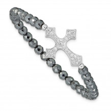 Quality Gold Sterling Silver Rhodium-plated Cross  CZ & Hematite Stretch Bracelet - QG3573