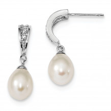 Quality Gold Sterling Silver RH 7-8mm White FWC Pearl CZ Post Dangle Earrings - QE13858