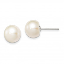 Quality Gold Sterling Silver 9-10mm White FW Cultured Button Pearl Stud Earrings - QE7689