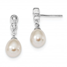 Quality Gold Sterling Silver RH 7.25mm Rice FWC Pearl CZ Post Dangle Earrings - QE13868