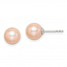 Quality Gold Sterling Silver 7-8mm Pink FW Cultured Round Pearl Stud Earrings - QE12722