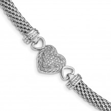 Quality Gold Sterling Silver Rhodium Plated CZ Heart Mesh Link Bracelet - QG4506-7.5